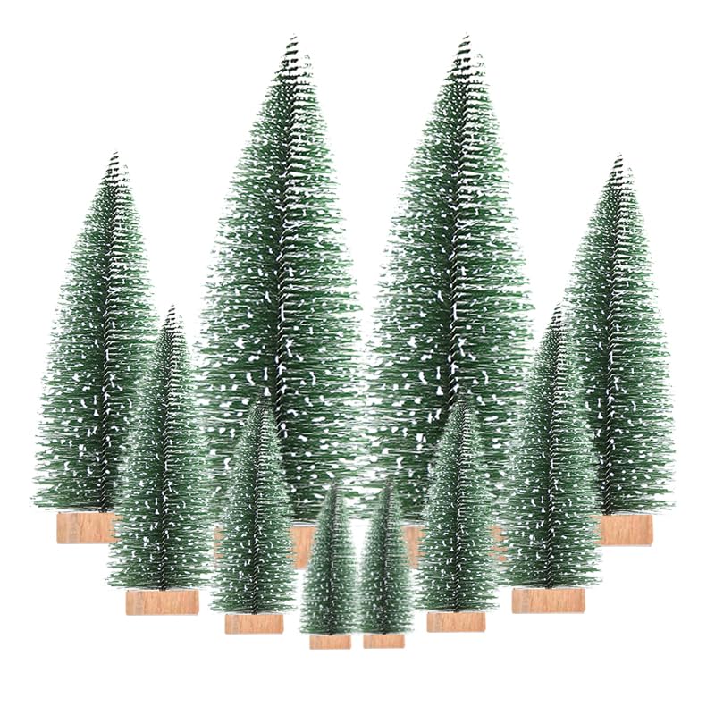 Yahpetes Miniature Christmas Tree 10 Pcs Pine Trees Sisal Trees Snow Frost Ornaments With Wooden Bases For Miniature Scenes, Christmas Crafting And Designing, 5 Size