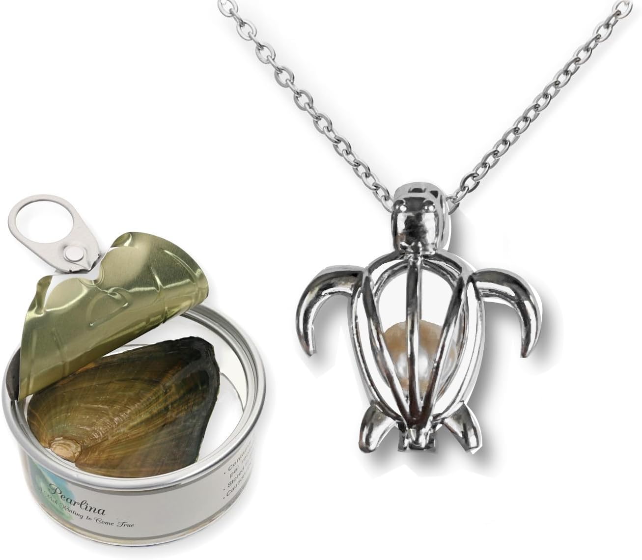 Pearlina Turtle Necklaces for Women/Men - Real Freshwater Cultured Pearl in oyster Set - Dainty Pearls Necklace for Women - Silver-tone Pendant - Stainless Steel chain - Collar de Perlas Para Mujer