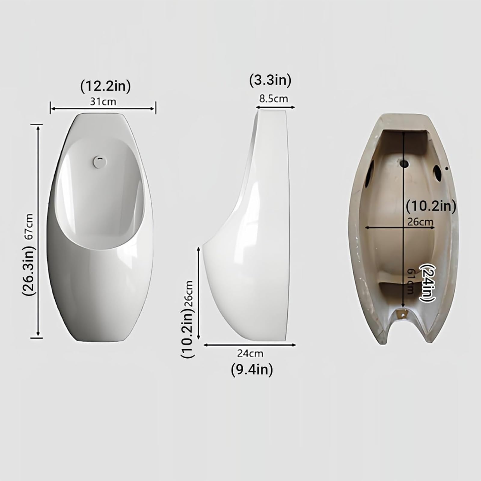 Urinoir mural en céramique avec capteur automatique - Fixation anti-éclaboussures - Pour la maison, l'hôtel et les toilettes commerciales - Manuel avant et fonction capteur