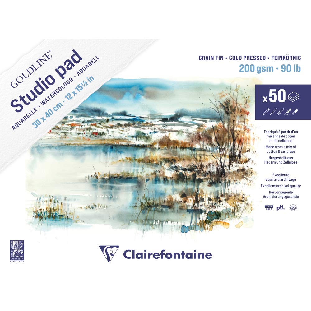 Clairefontaine 975717C Goldline Studio Pad - Bloc (50 hojas, grano fino, 30 x 40 cm, 200 g), color blanco
