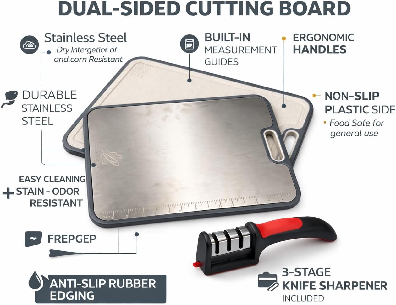 Dual-Sided Cutting Board with Knife Sharpener Bundle – Stainless Steel & BPA-Free Plastic Chopping Board, Non-Slip, Juice Groove, Built-In Measurement Ruler, Dishwasher Safe Kitchen Prep Board