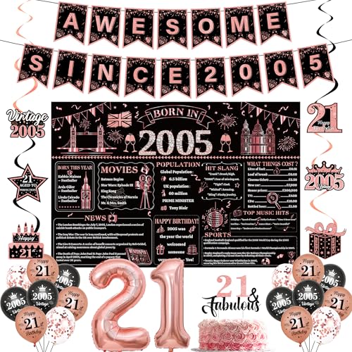 21st Birstday Decorations Women Set - 32 Pcs Black Rose Gold Banner Background Swirls Latex Foil Balloons Cake Toppers Table Decor For Her 21 Years Old Party Kit Supplies