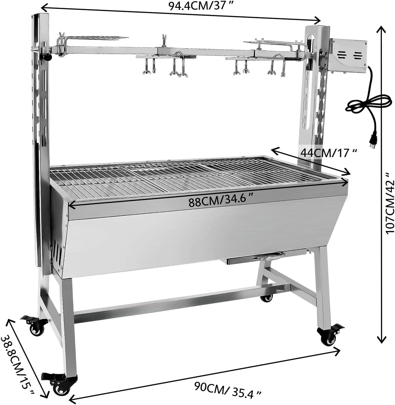Outdoor Rotisserie Grill 88lbs, Small Pig Whole Lamb Stainless Steel Rotisserie Roaster, 25W Moto BBQ Charcoal Rotisserie Roaster Grill Camping