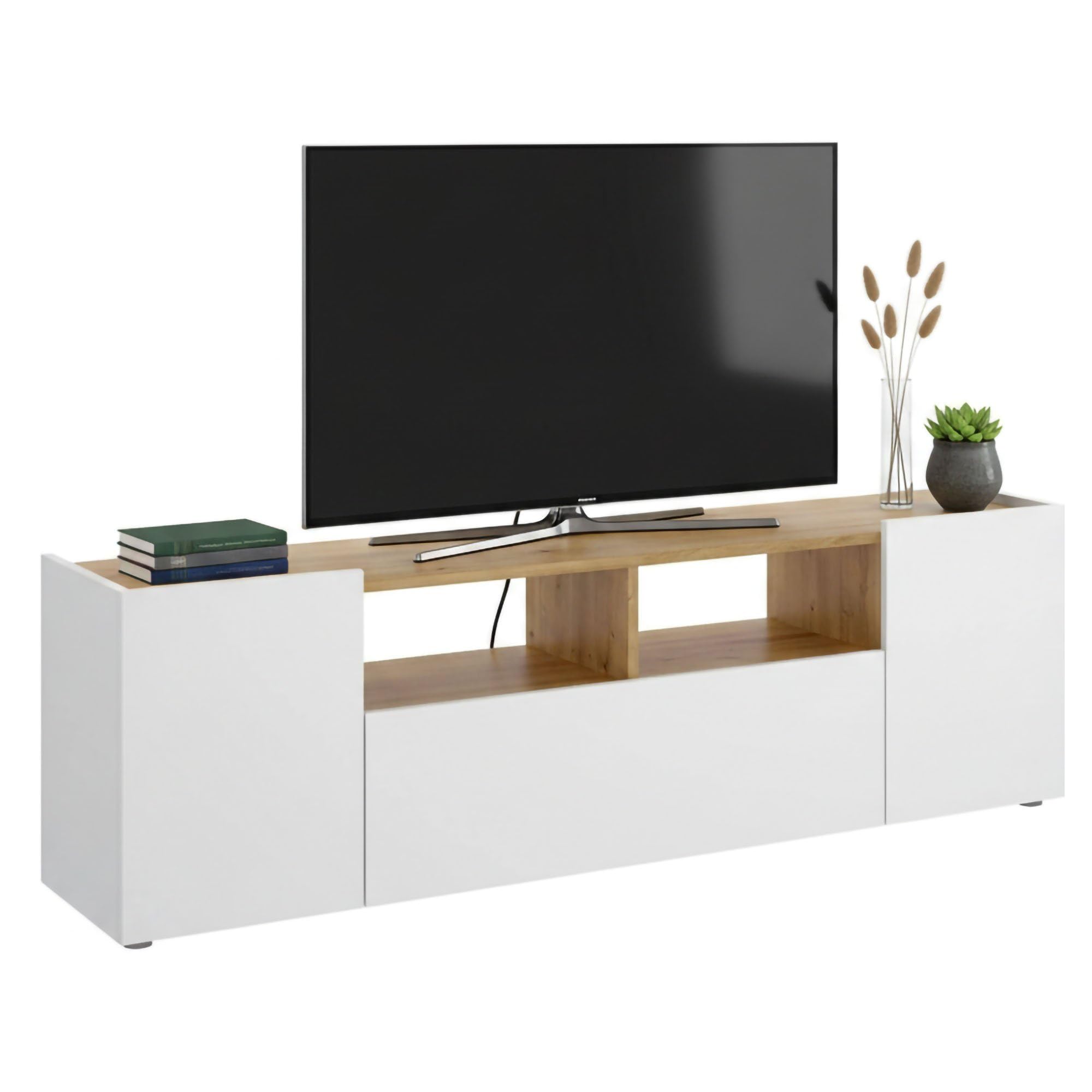 Dmora - Mobile porta TV Etna, Credenza bassa da soggiorno, Madia da salotto per televisione, 142x35h44 cm, Bianco e Rovere Nodi