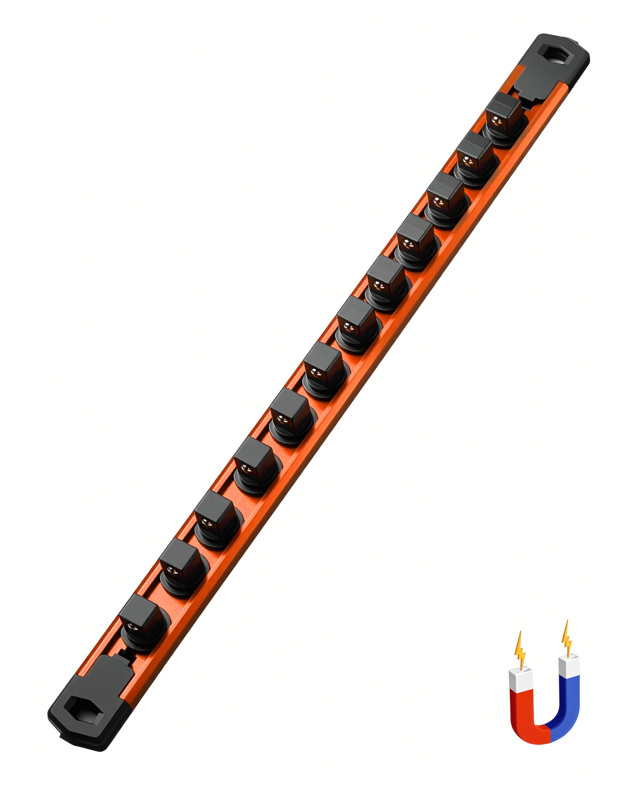 ALOANES 1/2-Inch Drive Magnetic Socket Organizer, Heavy Duty Aluminum Socket Rail Organizer, 360° Swivel Clips Socket Rail Set For Sockets Storage, 1/2-Inch Socket Holder x 12 Clips (Orange)