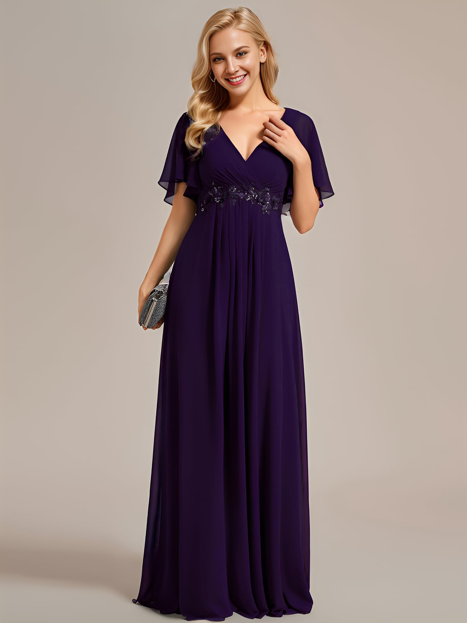 Ever-Pretty Elegantes Vestidos de Noche Vestidos de Novia Extra Largos Vestidos de Invitada de Mujer Cuello en V de Gasa de Cintura Alta EE01960