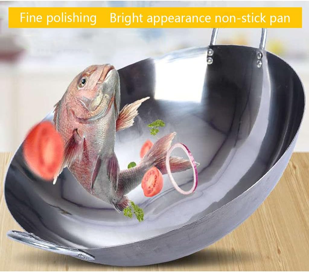 Thickened Double-Ear Stainless Steel Wok Easy to Clean 40cm-70cm High Temperature Resistance Uncoated Non-Stick Pan Kitchen Wok Fast Heat Conduction for Kitchen Use