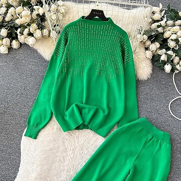 DUOTCYELE Abito Caldo Lavorato A Maglia - Maglione Autunnale A Due Pezzi Set da Donna Casual Caldo con Perline Abito Lavorato A Maglia Sciolto da Donna Pullover con O-Collo Pantaloni A Gamba Larga