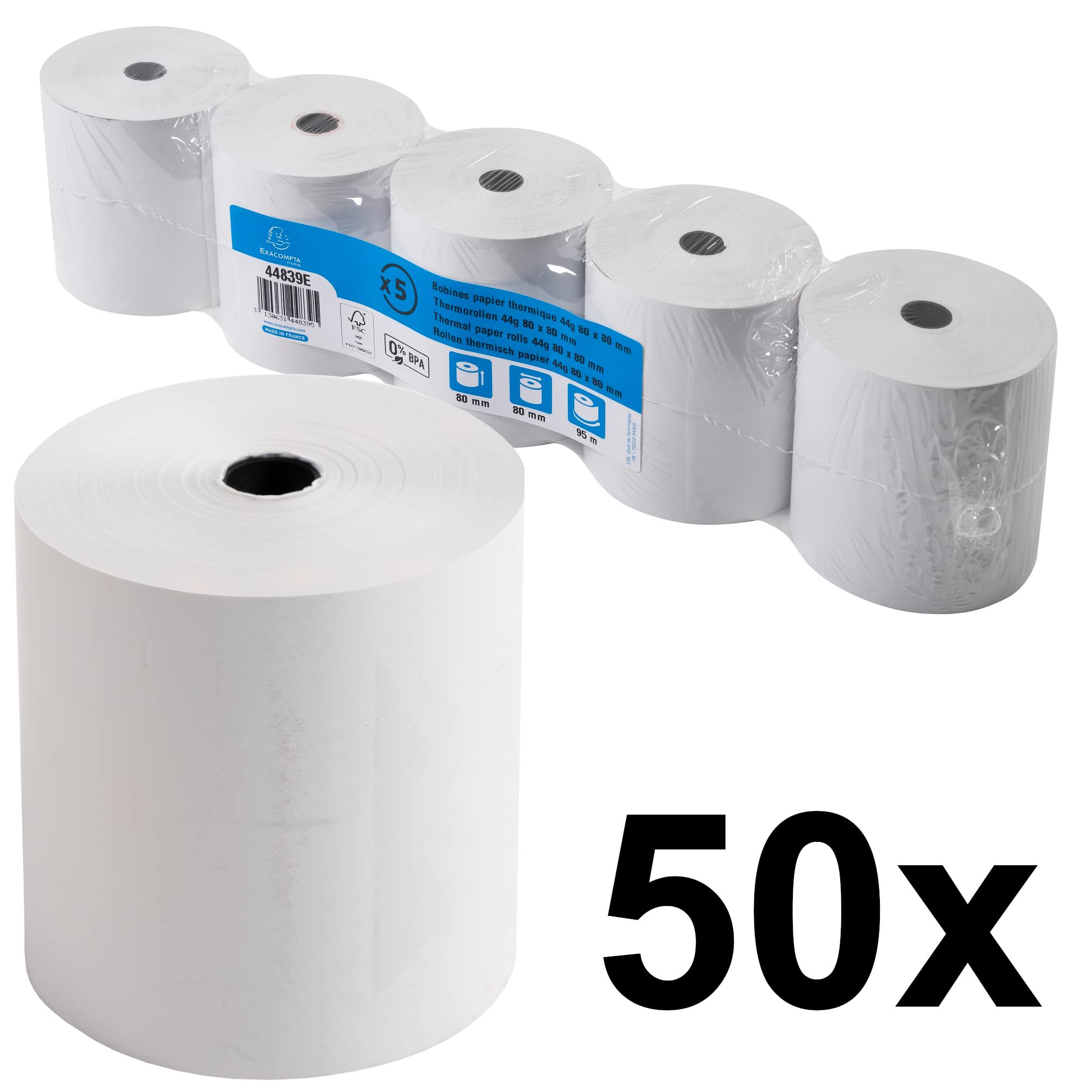 Exacompta 44839E 50er Pack Thermopapierrollen 1-lagig, Breite: 80mm, Länge 95m, Durchmesser Kern: 12mm 44g/m² Thermorolle für Kassen Kassenrolle
