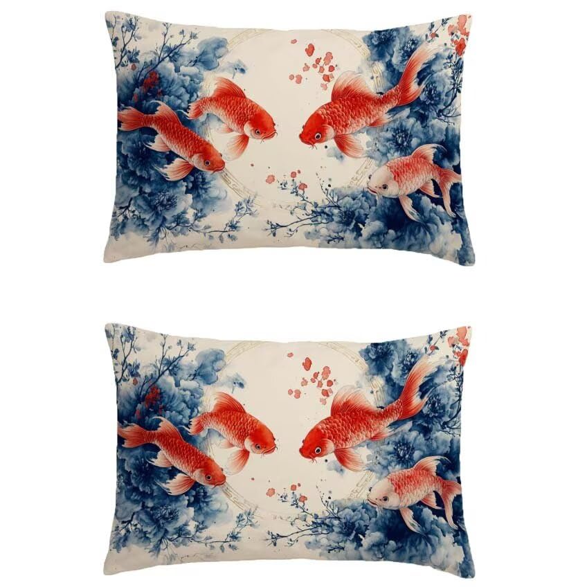 Taie oreiller 80x100cm en lin orange au design poissons exclusif avec impression double face