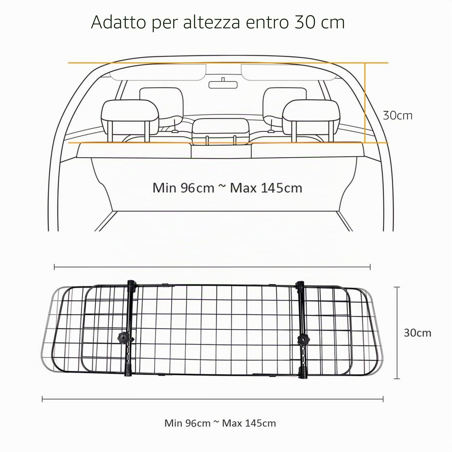 Nobleza-Barriera Protettiva per Auto per Cani,Separatore per Auto per Cani Universale Estensibile Barriera per Auto Barriera di Sicurezza a Griglia, 96-145x30cm in Acciaio
