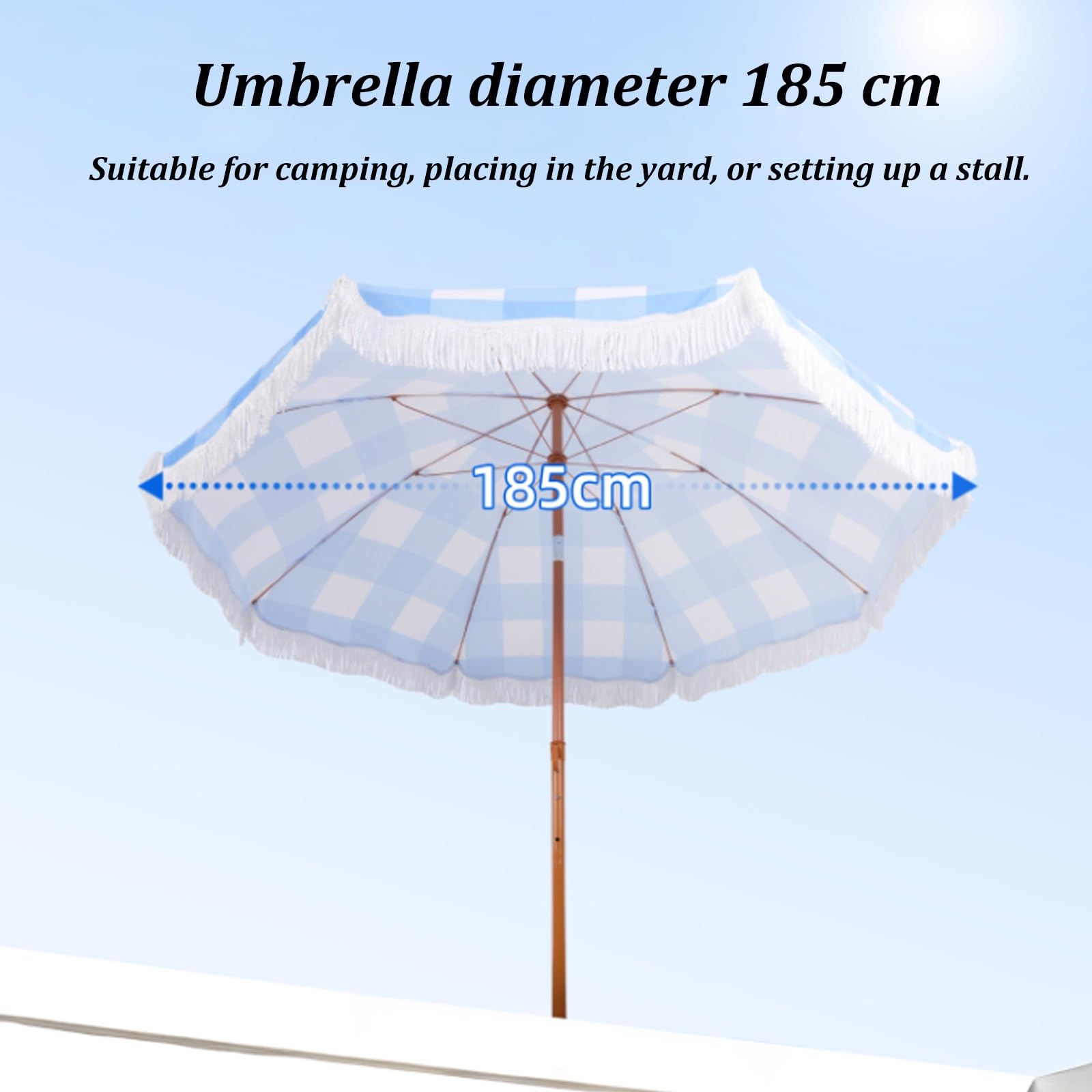 Parasol plażowy 2M Parasol ogrodowy z frędzlami Odporny na promieniowanie UV Parasol stołowy Przenośny na zewnętrzny taras ogrodowy Basen przydomowy(Blue pinstripes)
