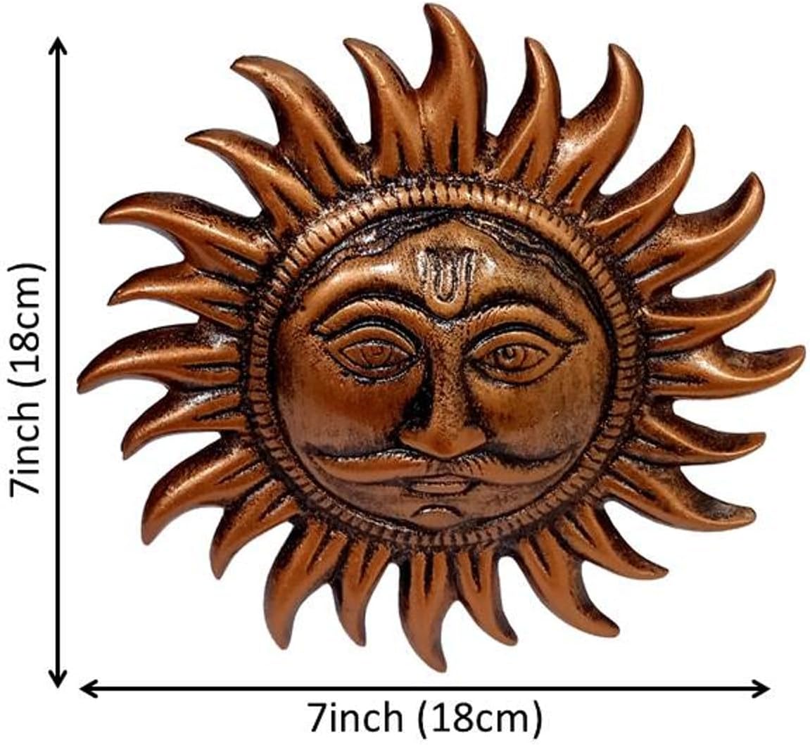Purpledip Resin Idol Sun God Sooraj Surya Devta: Wall Hanging Statue in Copper Finish (12669A)