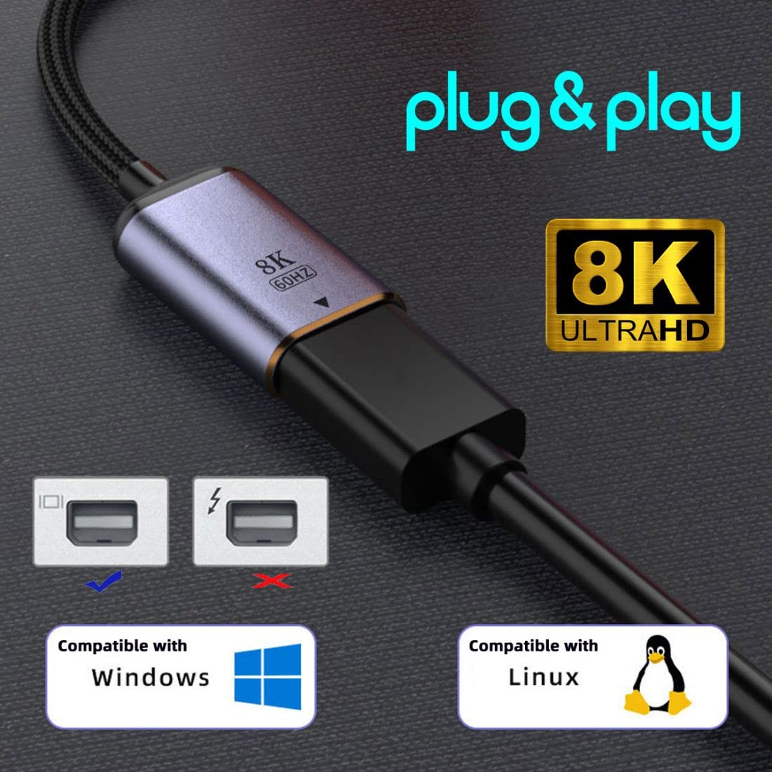 chenyang Cavo da USB C a Mini Displayport, ingresso USB tipo C femmina a Mini Displayport 1.4 maschio uscita HDTV cavo 8K @ 60hz 4K @ 120hz per tablet, telefono e laptop