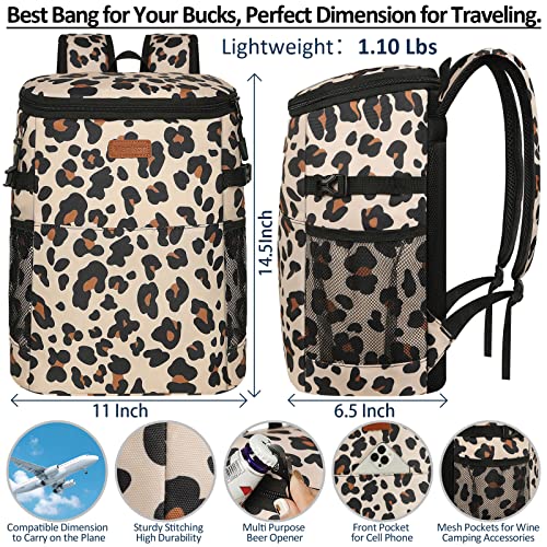 Camping Cooler Backpack 30 Cans, Soft Backpack Coolers Insulated Leak Proof Travel Cooler Bag Waterproof Lunch Picnic Beach Work Trip Thermal Bag Drink Beverage Beer Bag Cooler Leopard Print #TOP2