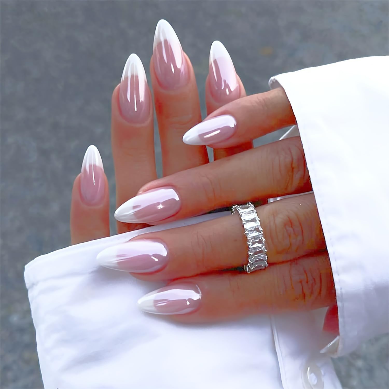 White French False Nails Almond Nails Plating Fake Nails Press on Nails Medium Artificial Acrylic Nails Solid Color French Stick on Nails Full Cover