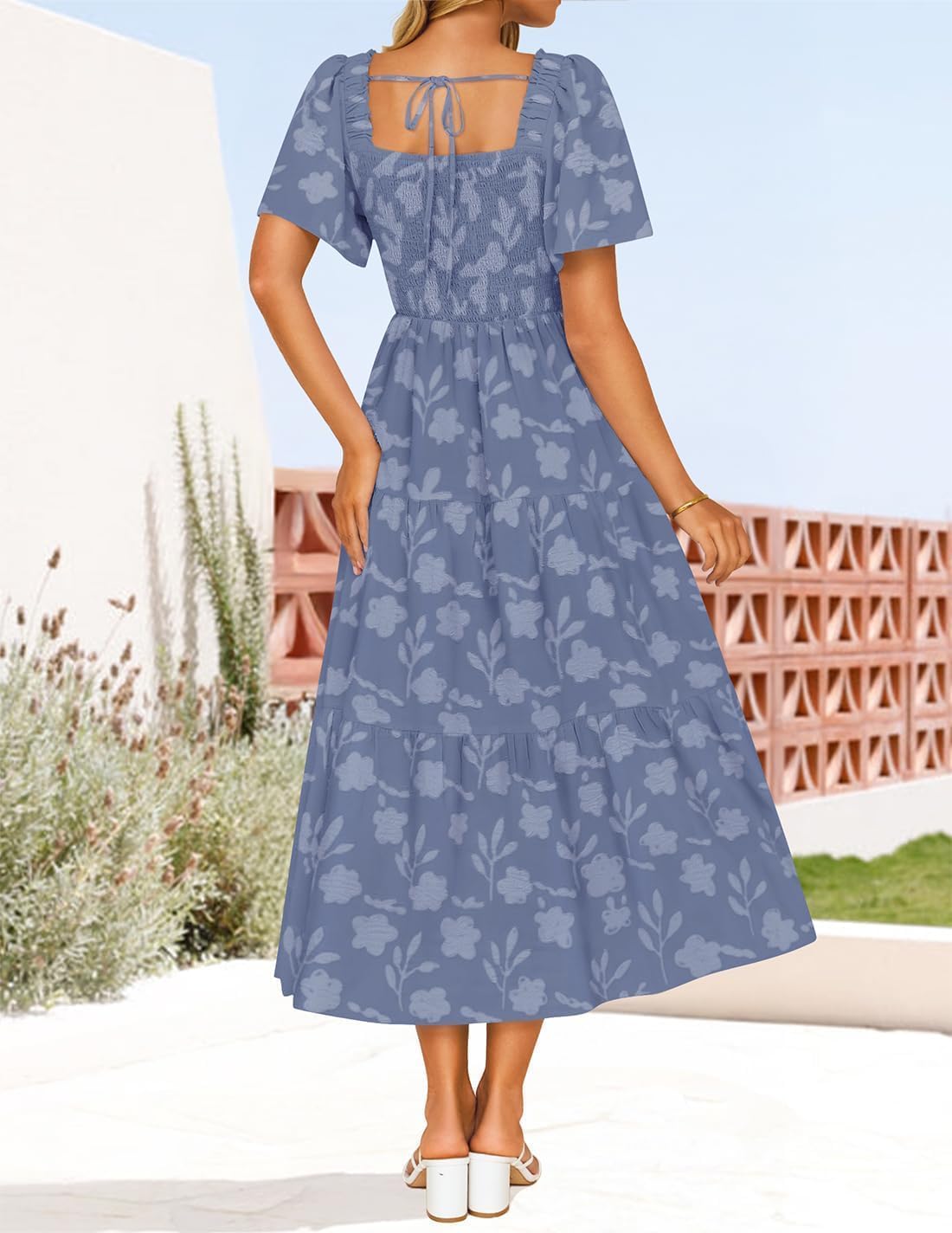 ZESICA Women‘s Summer Boho Floral Midi Dress 2026 Casual Short Sleeve Square Neck Flowy Beach Vacation Long Dress - Image 3