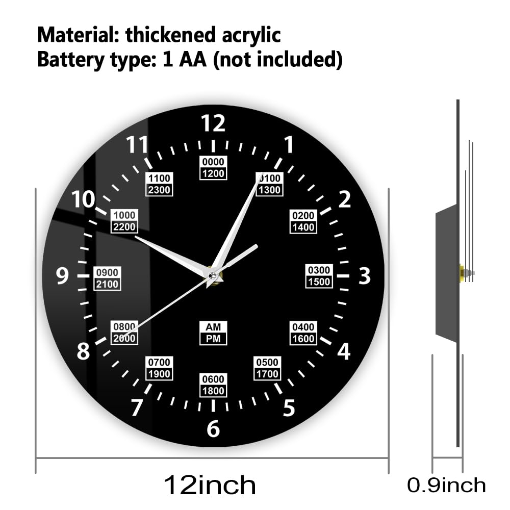Reloj de pared de 12 pulgadas, 24 horas, estilo militar, retro, silencioso, de cuarzo, sin tictac, funciona con pilas, reloj de pared negro para piloto, marido, papá, jubilación, regalos de