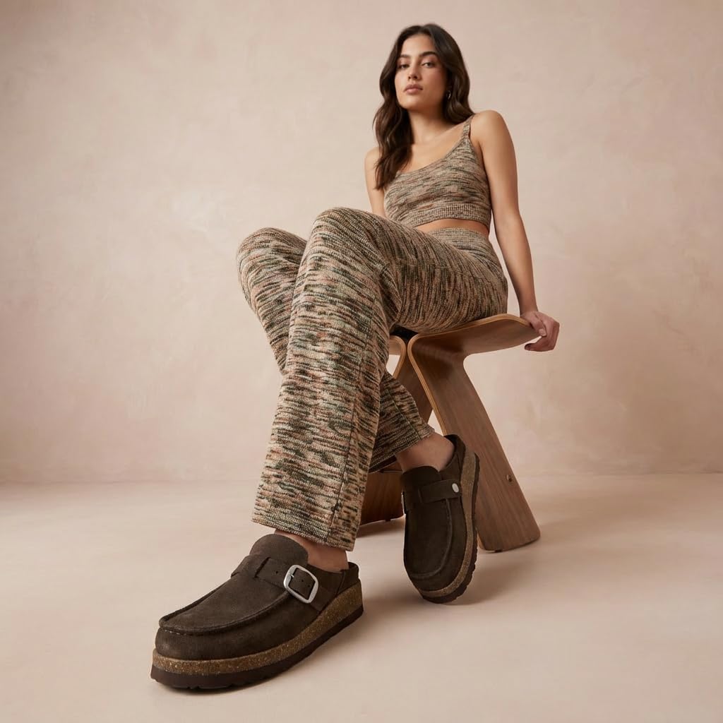 CUSHIONAIRE Hobby Genuine Leather Suede Mule Clogs for Women with Buckle Strap and Cork Footbed, Supportive All-Day Comfort in Womens Shoes, CHOCOLATE 8 - Image 3