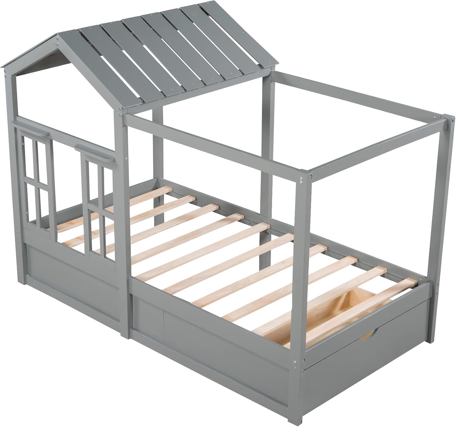 Twin Size House Bed with Drawer, Wood Twin Platform Bed Frame with Window and Roof, Kids Bed, Gray