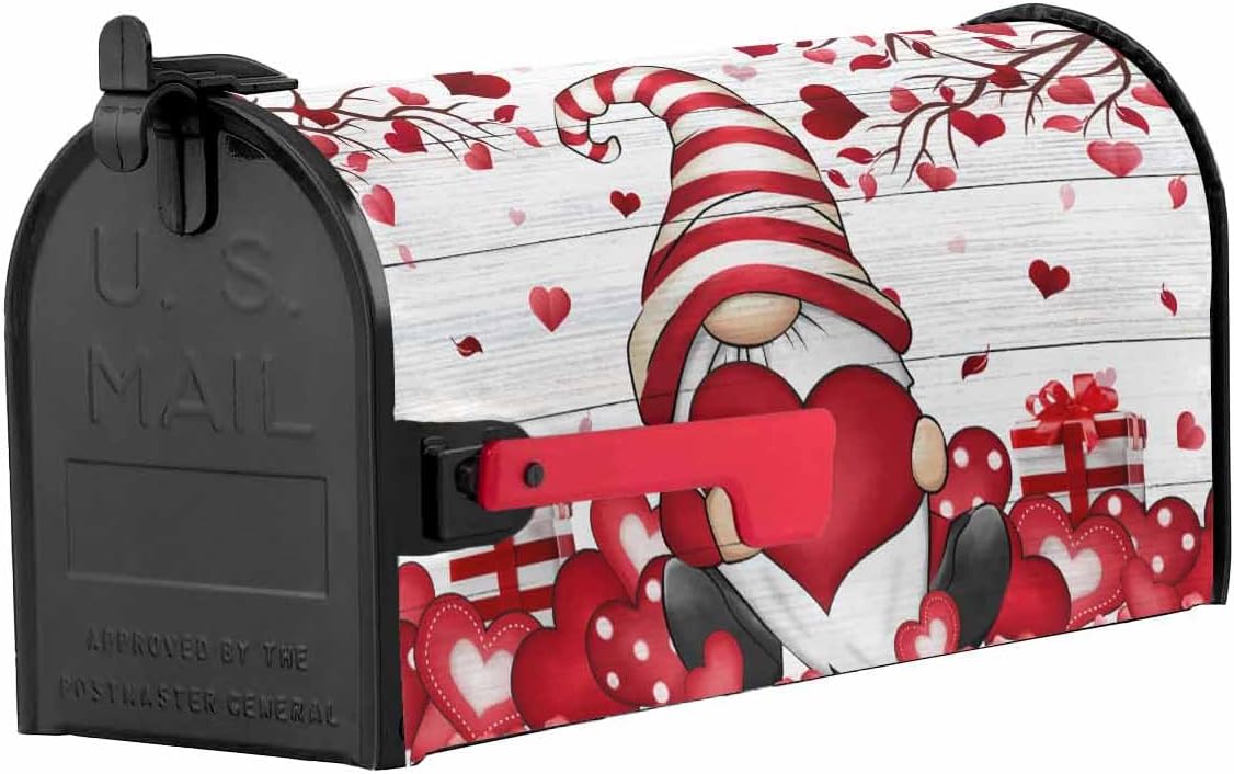 Valentine's Gnomes Mailbox Covers Magnetic Standard Size, Decorative Post Letter Numbers Box Wrap Decoration Covers Large Accessories for Garden Yard Outdoor Décor, Farmhouse Woodgrain Red Love