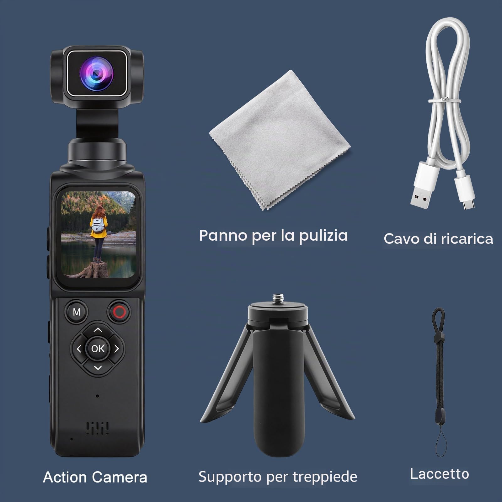 4K Action Camera Tascabile con 330° Obiettivo Rotante＆1.72 Touchscreen | Videocamera con Trasporto senza fili,Telecamera da Corpo per Viaggi,Dirette Streaming e Videoconferenze