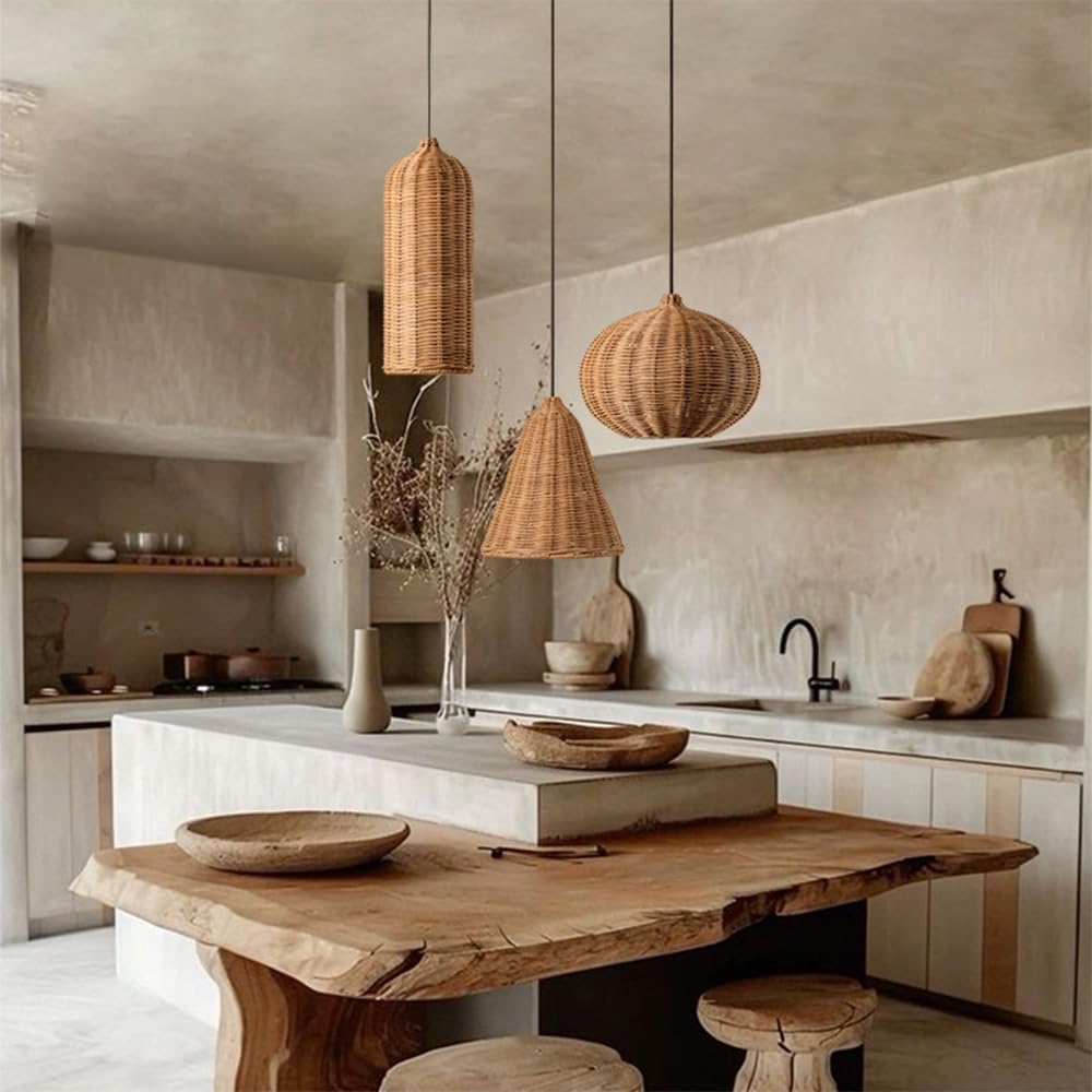 Rattan Farmhouse Chaner Light Fixtures, Boho Light, Dining Room Hand Woven Chaner with Rattan Shade, Rustic Chaner Hanging Light Fixture for Kitchen Island (20Cm)/25Cm