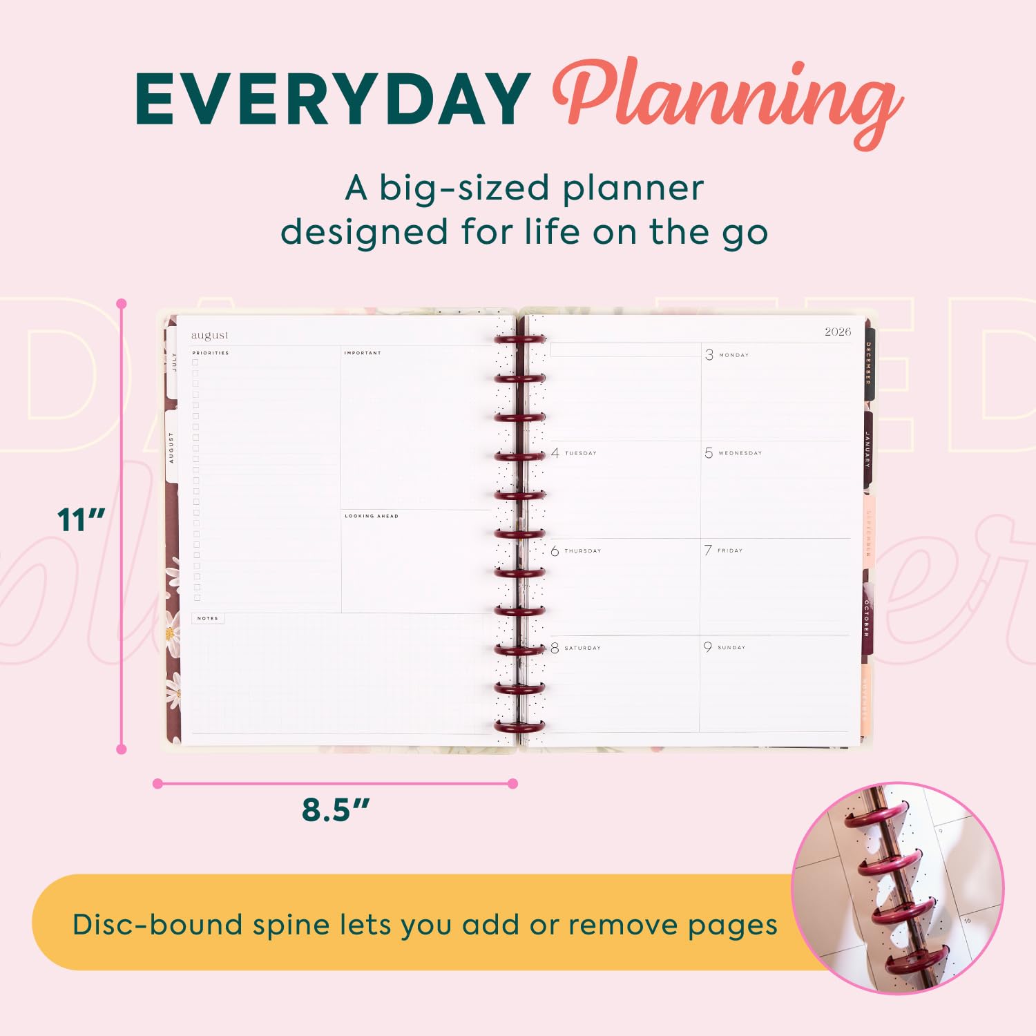 Happy Planner - Planificador encuadernado en disco de julio de 2026 a junio de 2027, tamaño grande | Incluye 3 meses adicionales y 2 hojas de calcomanías, 8.5 x 11 pulgadas, diseño de salpicadero, tema de flores silvestres