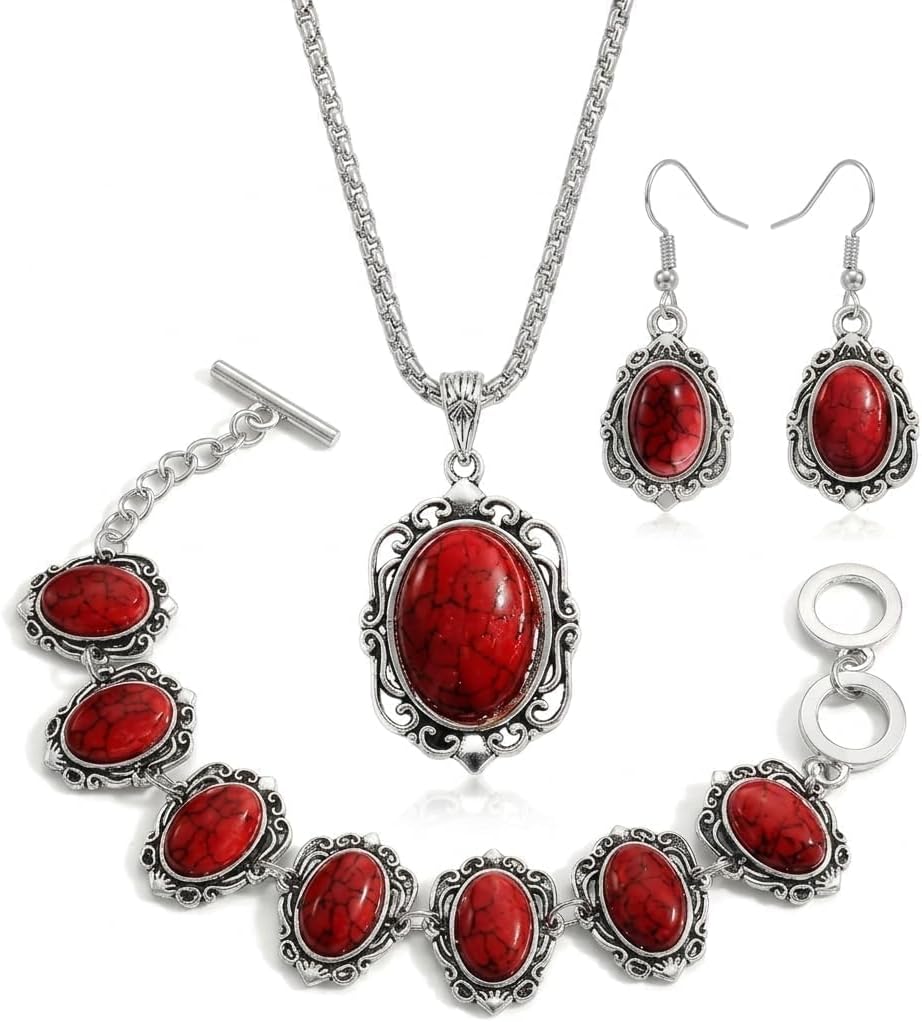 Red Western Jewelry Sets for Women, Country Earrings Necklace Bracelets