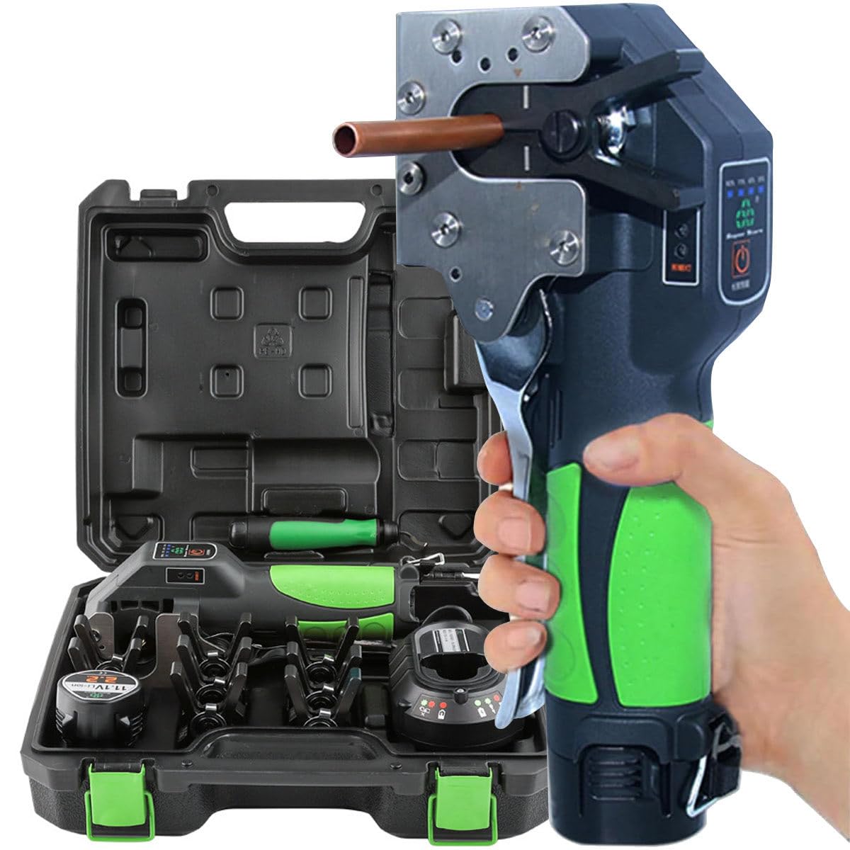 Herramienta expansora eléctrica de tuberías, totalmente automática, funciona con batería de litio, 1/4 a 3/4 pulgadas para tubos de cobre suave, aluminio, latón, incluye 8 pinzas