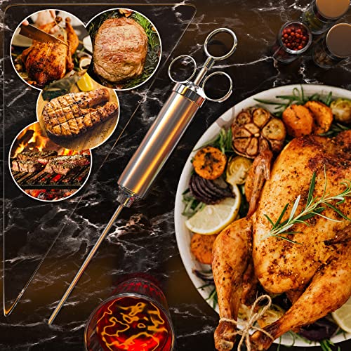 Foto von Edelstahl Fleischspritze, Marinierspritze, BBQ Bratenspritze mit 3 Nadeln, 60 ml Gewürzspritze für Rind, Huhn, Gebäck mit Marmelade zu befüllen, 304 Edelstahlausführung (Silber)