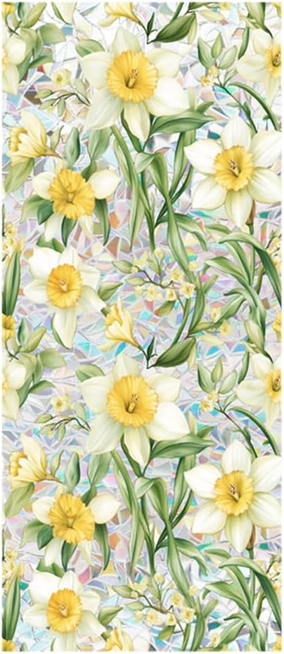 Daffodil Flower Window Privacy Film Rainbow Film Decorative Window Sticker for Car Sunroof, 3D Static Stained Glass Cling Tint for Home Office Car Heat Control Non-Adhesive, 16.93 x 39.37 Inch