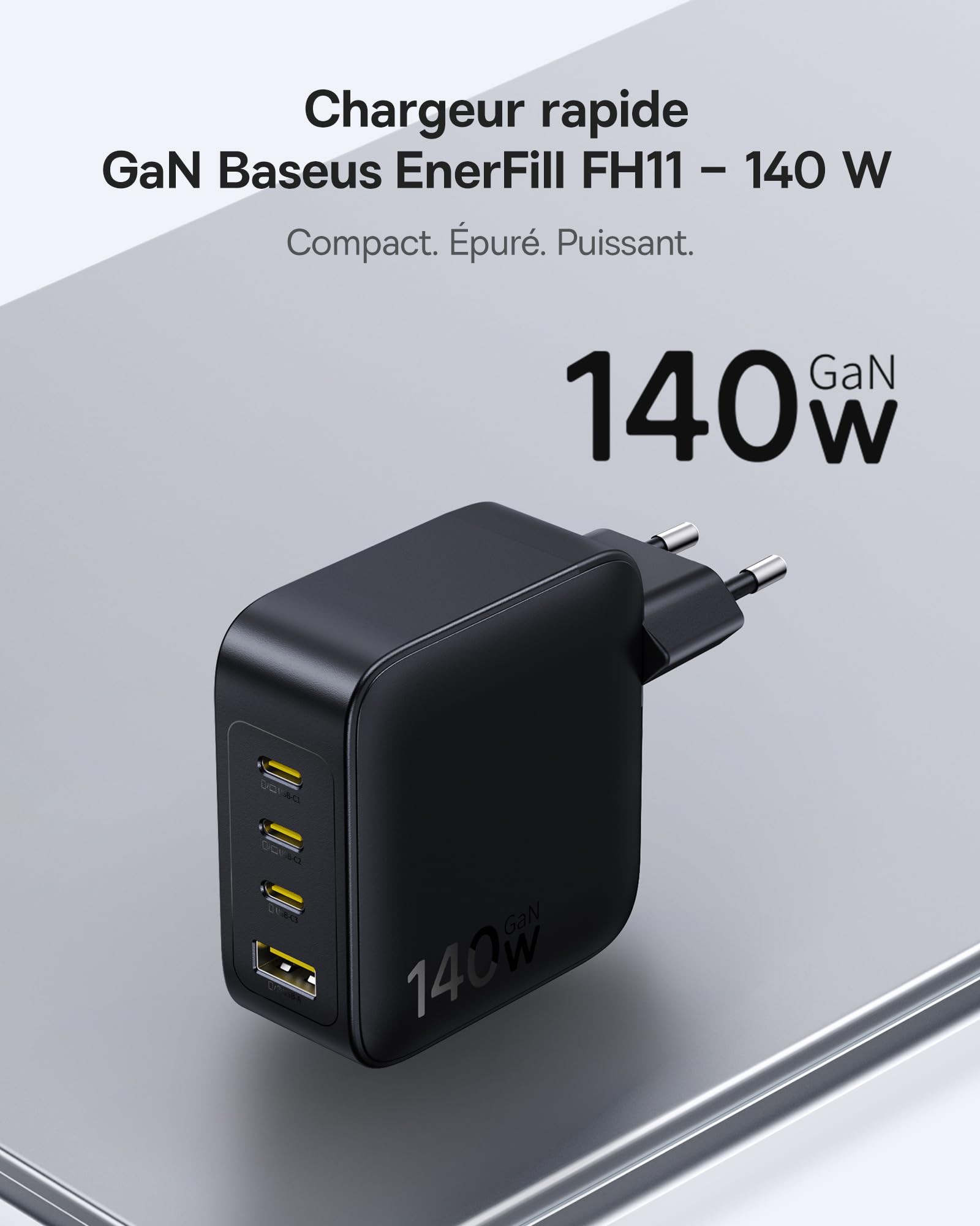 Baseus Enerfill Chargeur USB C 140 W, Bloc d'alimentation USB C à 4 Ports, Chargeur PD avec PPS, Chargeur Rapide GaN Compatible avec MacBook Pro/Air, iPhone 17/16/15/14Serie, Galaxy S25, iPad Pro