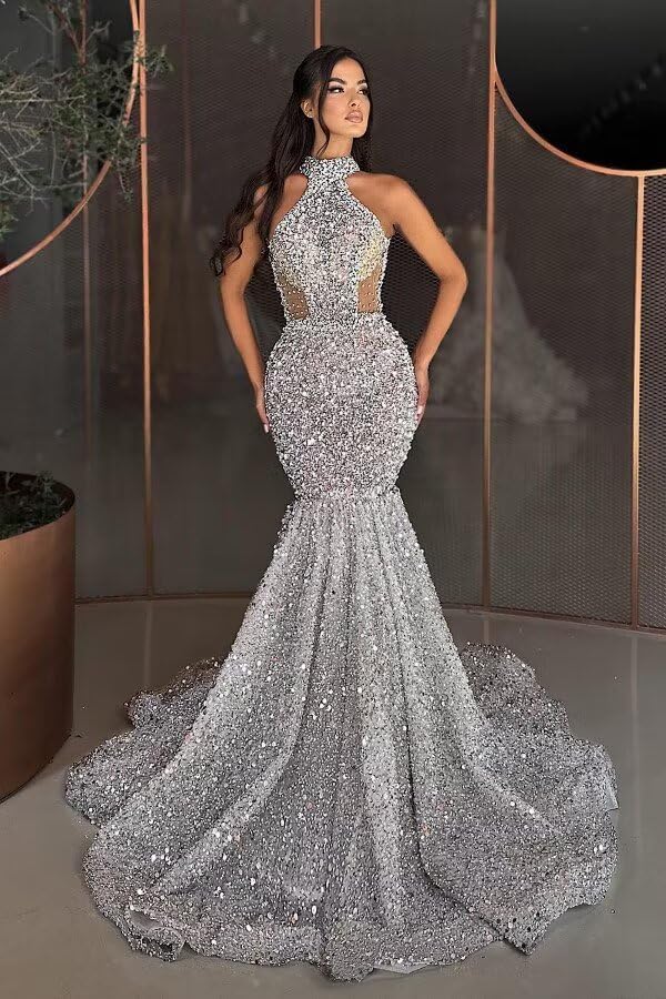Mermaid Prom Dresses 2025 Long Sequin Sparkly Halter Beaded Sexy Sheer Evening Gowns Formal Party Dresses with Train - Image 2