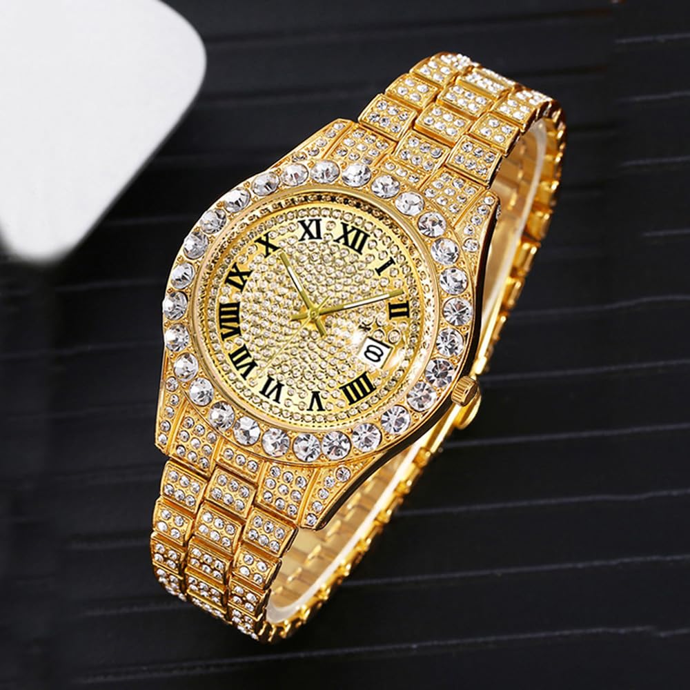 Relojes Hip Hop para Hombre, Relojes de Cuarzo de Lujo con Diamantes Brillantes con Fecha