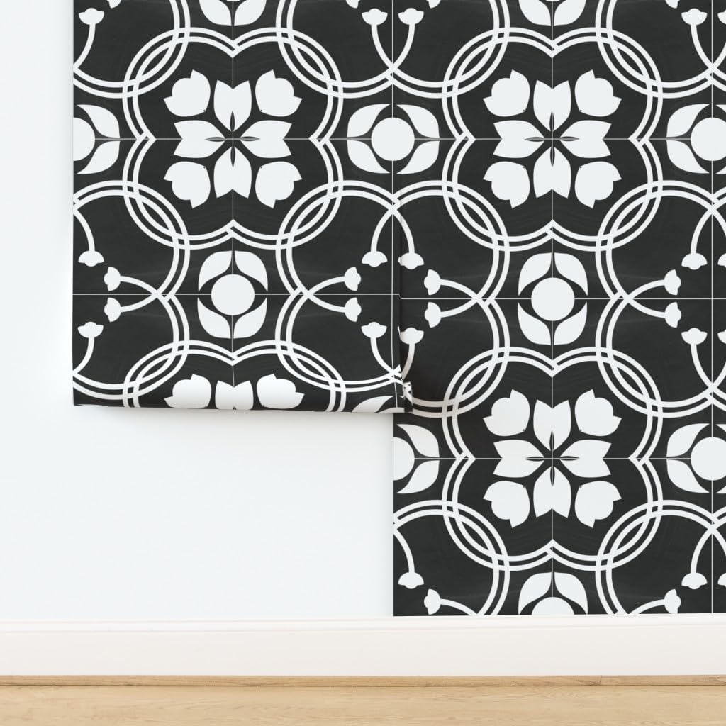 Peel & Stick Wallpaper 3ft x 2ft - Modern Farmhouse Tile Traditional Spanish Tiles Black White Floral Florals Geo Custom Removable Wallpaper by Spoonflower