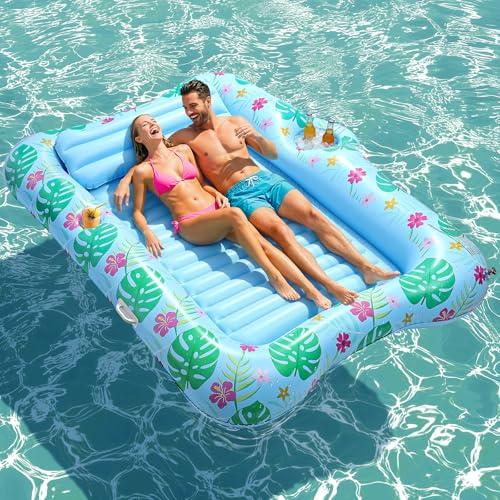 HeySplash Flotador Hinchable para Piscina, Tumbona Grande para Adultos con Portavasos y Almohada Desmontable, Flotador Inflable para Piscina Lago Río Verano Fiesta, 215x148CM, Azul Claro&Color Impreso
