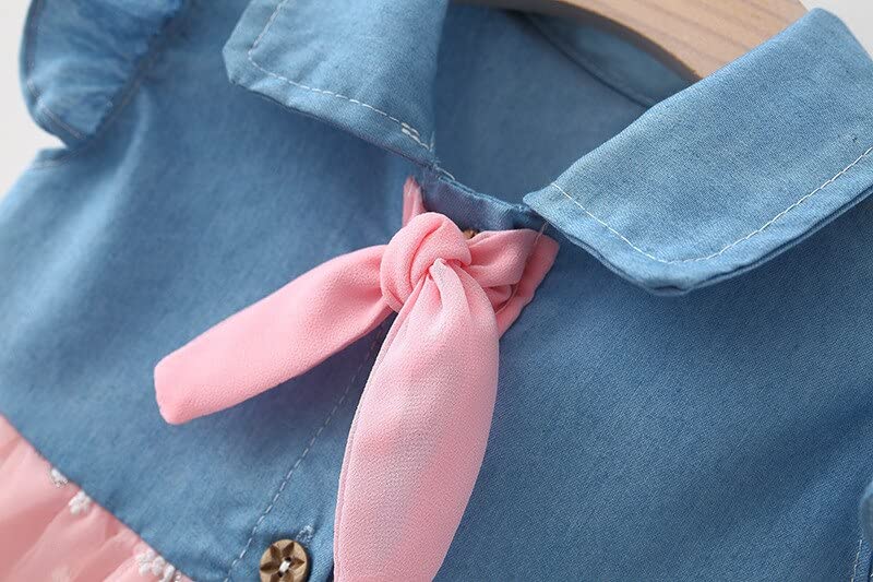 Image of Bold N Elegant Cap Sleeve Denim Embroidered Midi Party Dress Frock with Hat Dress for Infant Toddler Girl Baby Girl