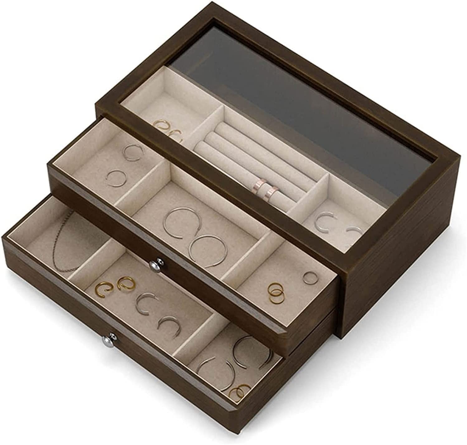 YCTTKDD Pudełko podróżne na biżuterię Organizer do pudełek na biżuterię Vintage etui na biżuterię z 2 szufladami i przezroczystą szklaną pokrywką Drewniane (przezroczyste) ciekawe