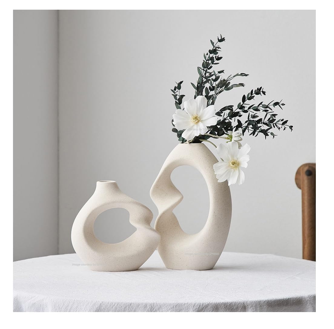 SPHINX White Ceramic Donut Vase Set, 21.6 cm and 14.5 cm Modern Decorative Vases for Dried Flowers, Home Decor