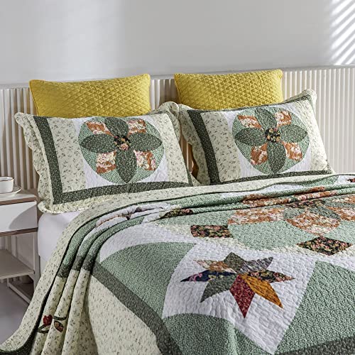 Yayiday Patchwork Bedspread Quilt Set Oversized King (Touch Floor Size) - Reversible Breathable Summer Blanket Floral Quilted Coverlet With Pillow Shams, Country Rustic Star Green Pattern Rural #TOP1