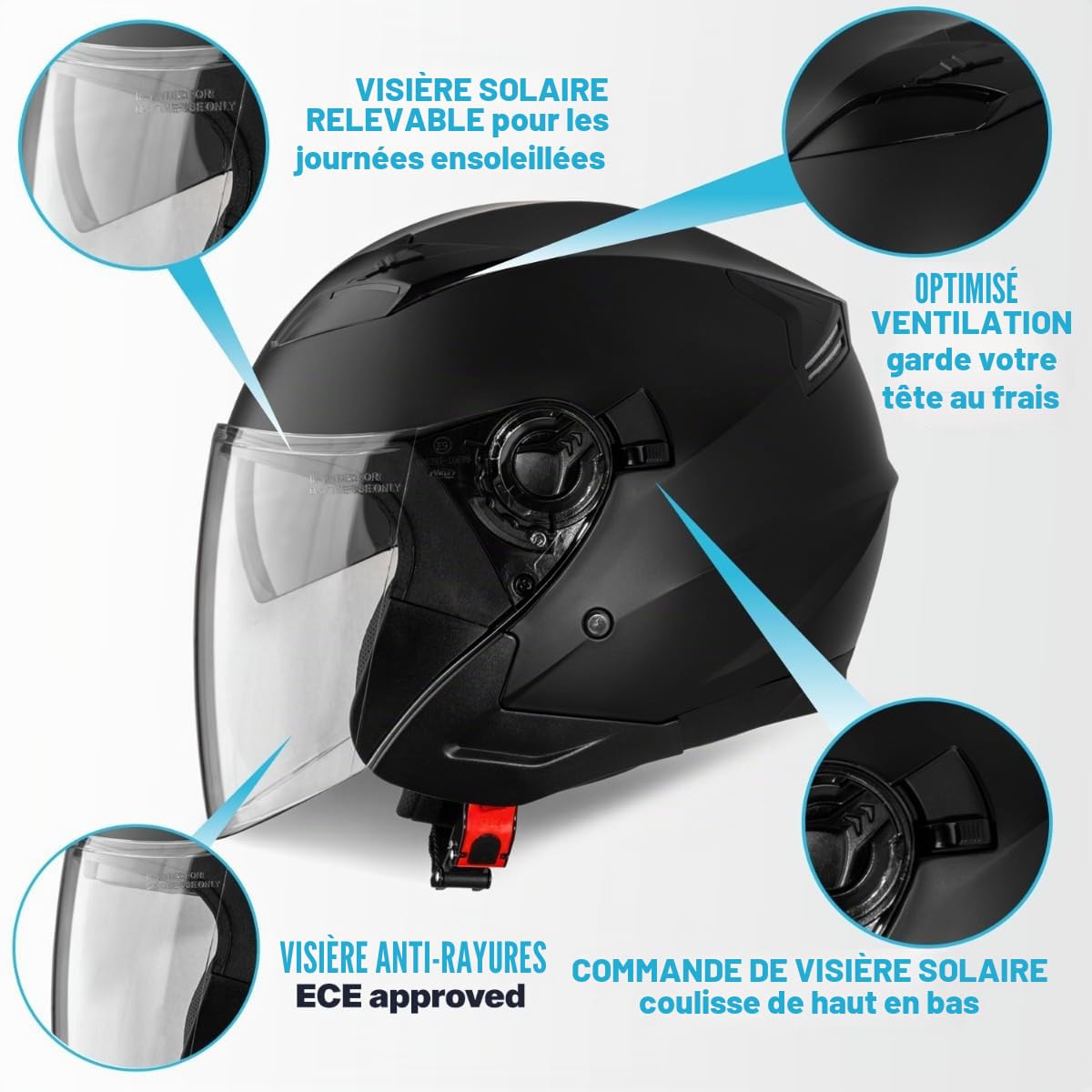 VINZ Calobra Casque Jet avec Visière Solaire et Visière | Casque de Scooter Moto | Certifié ECE 22.06 | Tailles XS-XXL