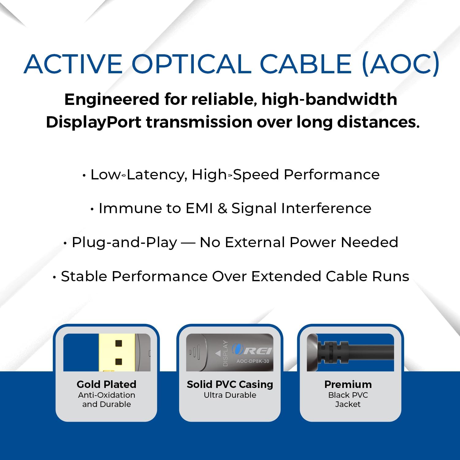 OREI 8K DisplayPort 2.0 Active Optical Cable 30ft, 54Gbps UHBR13.5, 8K@60/30Hz, 4K@144Hz, HDR10+, Dolby Vision, VRR, EMI-Free, Gold-Plated, PVC Cable (AOC-DP8K-30)