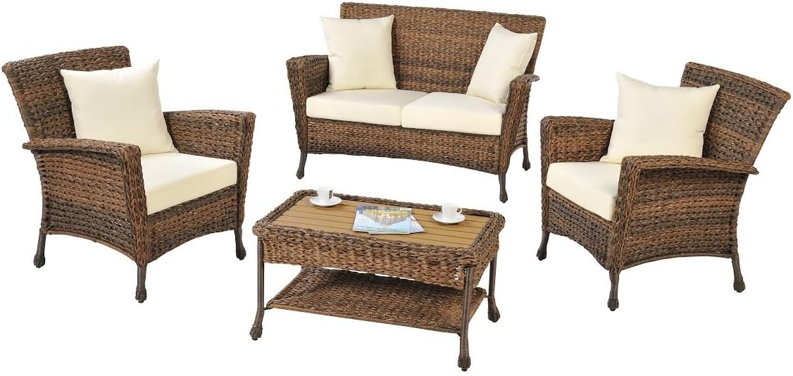W Unlimited Outdoor Faux Sea Grass Garden Patio 4-PC Furniture Set, Brown