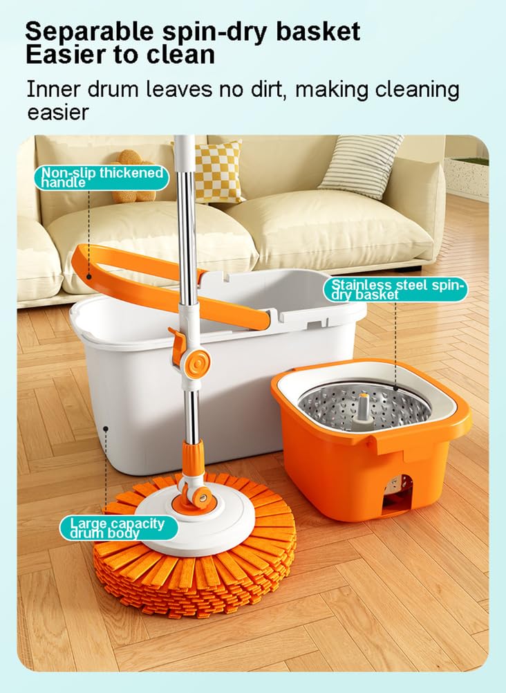 Sistema de fregona giratoria y cubo para una limpieza fácil en el hogar | Mango telescópico ajustable, 2 cabezales de fregona de microfibra, varilla giratoria de acero inoxidable