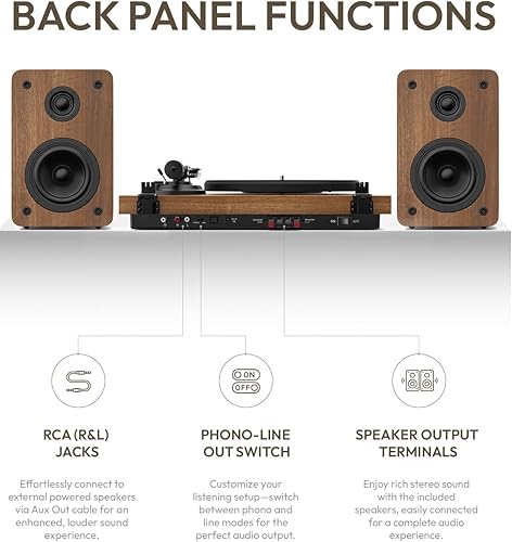 Miniatura 7 de SoulBox S1 - Tocadiscos de vinilo con altavoces estéreo, tocadiscos con preamplificador integrado, brazo en forma de S, 3345 RPM, nogal