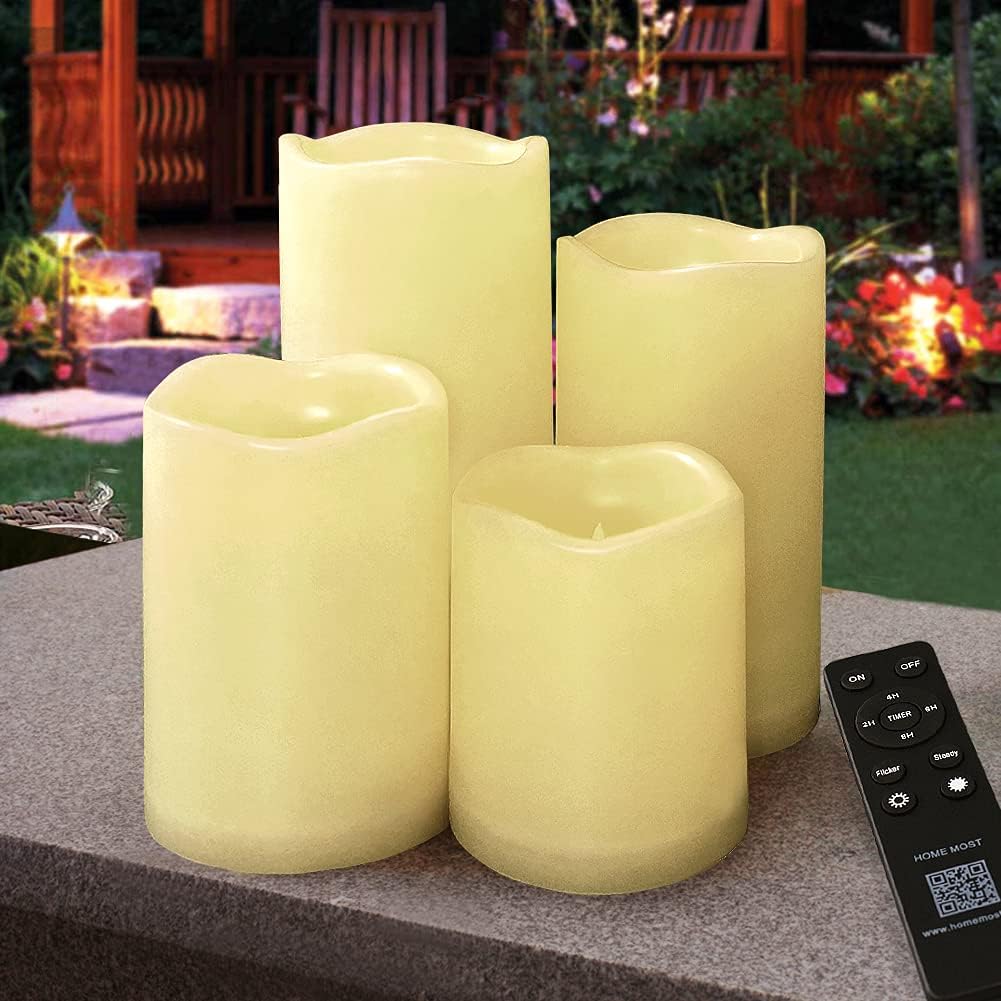 Pack of 4 White LED Candles Outdoor 3x6 - Unscented IP65 Waterproof Battery Powered Flameless LED Pillar Candles with Remote and Timer - Battery Operated Flameless Candle Flickering