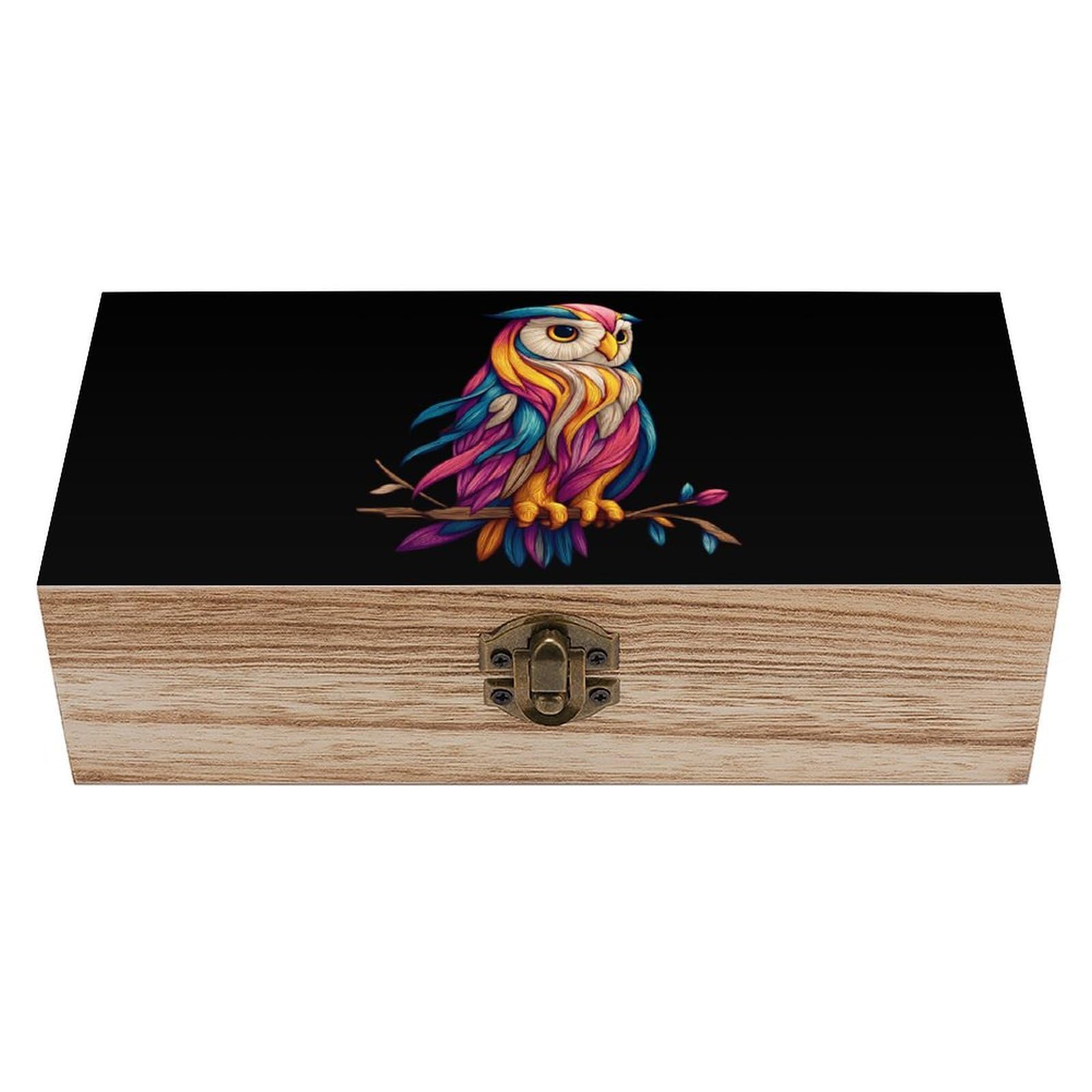 HLBSDM Colorful Funny Owl Wooden Box with Hinged Lid Decorative Storage Case Container