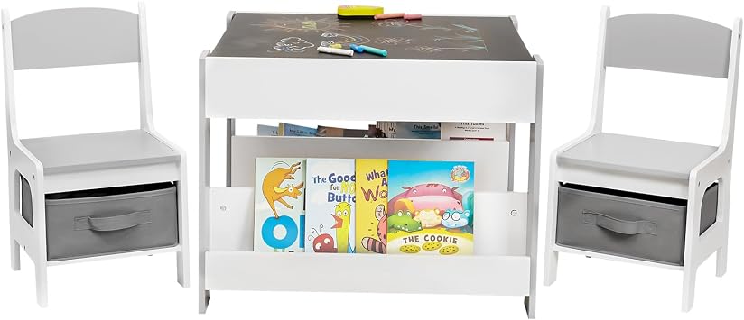 Cozivolife Kids Table and Chair Set 2 Chairs Included,Child Wooden Activity Furniture with Storage Bins Boxes and Book Organiser, 2 in 1 Detachable Tabletop Desk Group for Toddlers Drawing | Multifunctional Toddler Desk Set with Storage Bins Boxes and Bookshelf - Reversible Drawing Tabletop for Reading Crafts