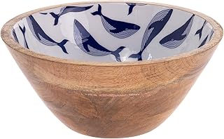 Boston International Mango Wood Bowl Serving Dish for Salad Fruit Chips & Rolls, 10" Diameter x 4.5" Tall, Navy Whale